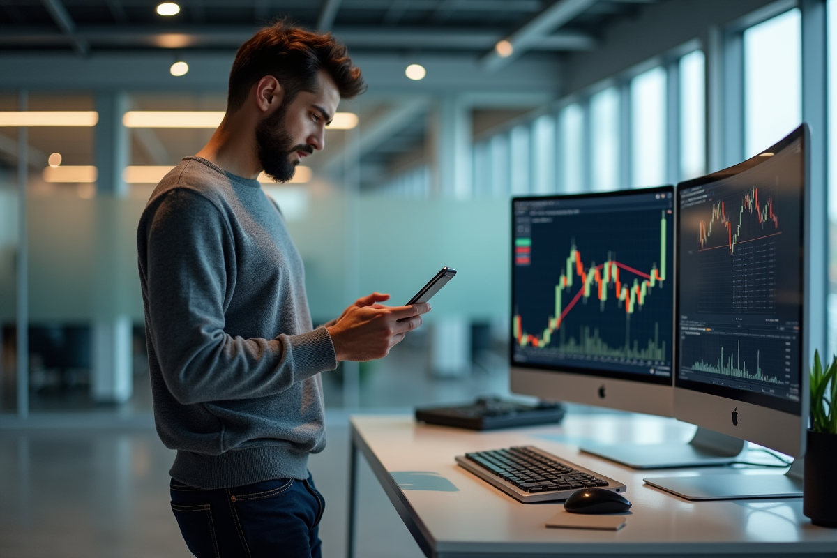 Homme en casual utilisant une tablette pour trader Bitcoin au bureau