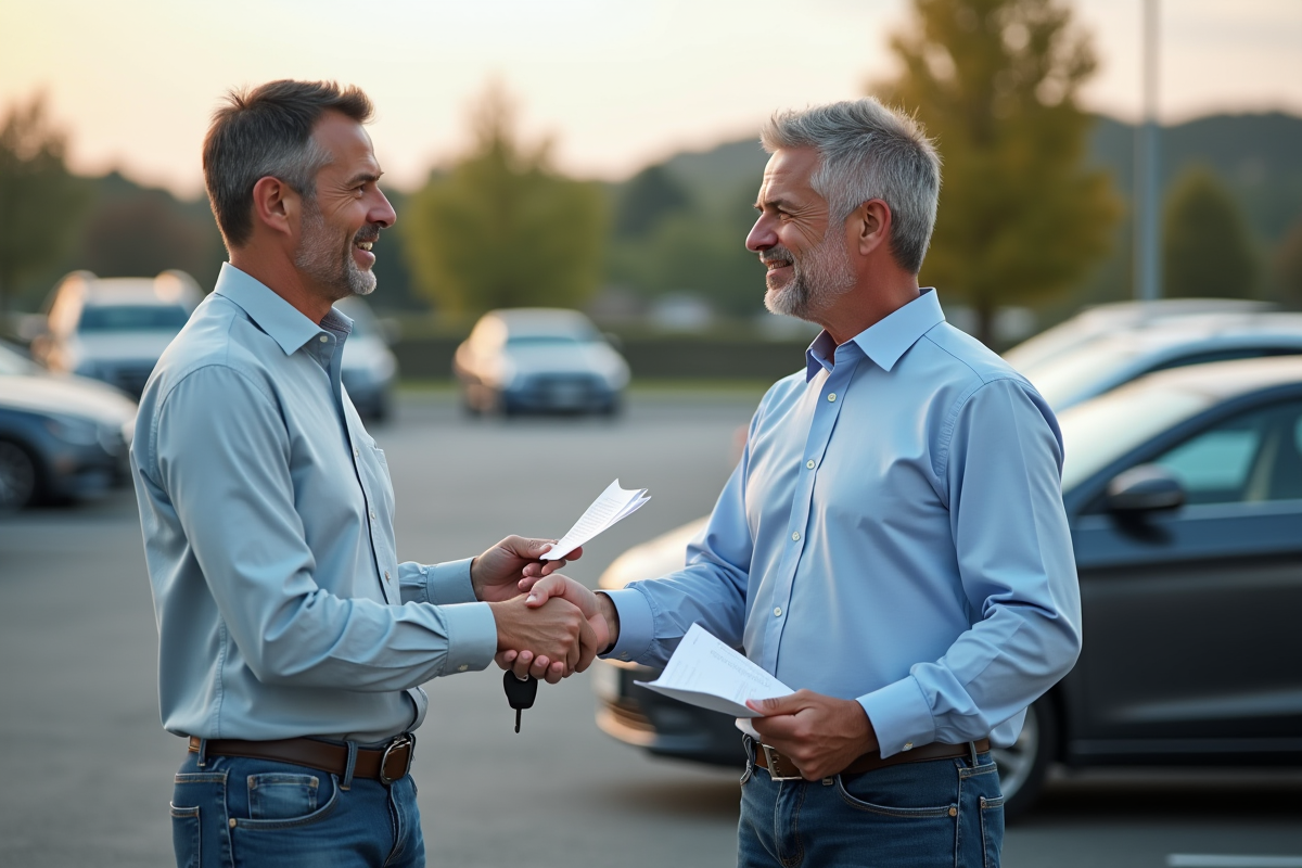 Deux hommes échangeant des clés de voiture dans un parking extérieur