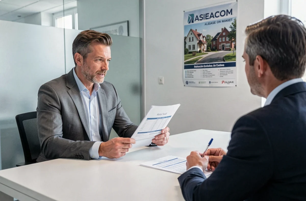Consultant Immium analysant un rapport de rendement locatif avec un client dans une agence contemporaine