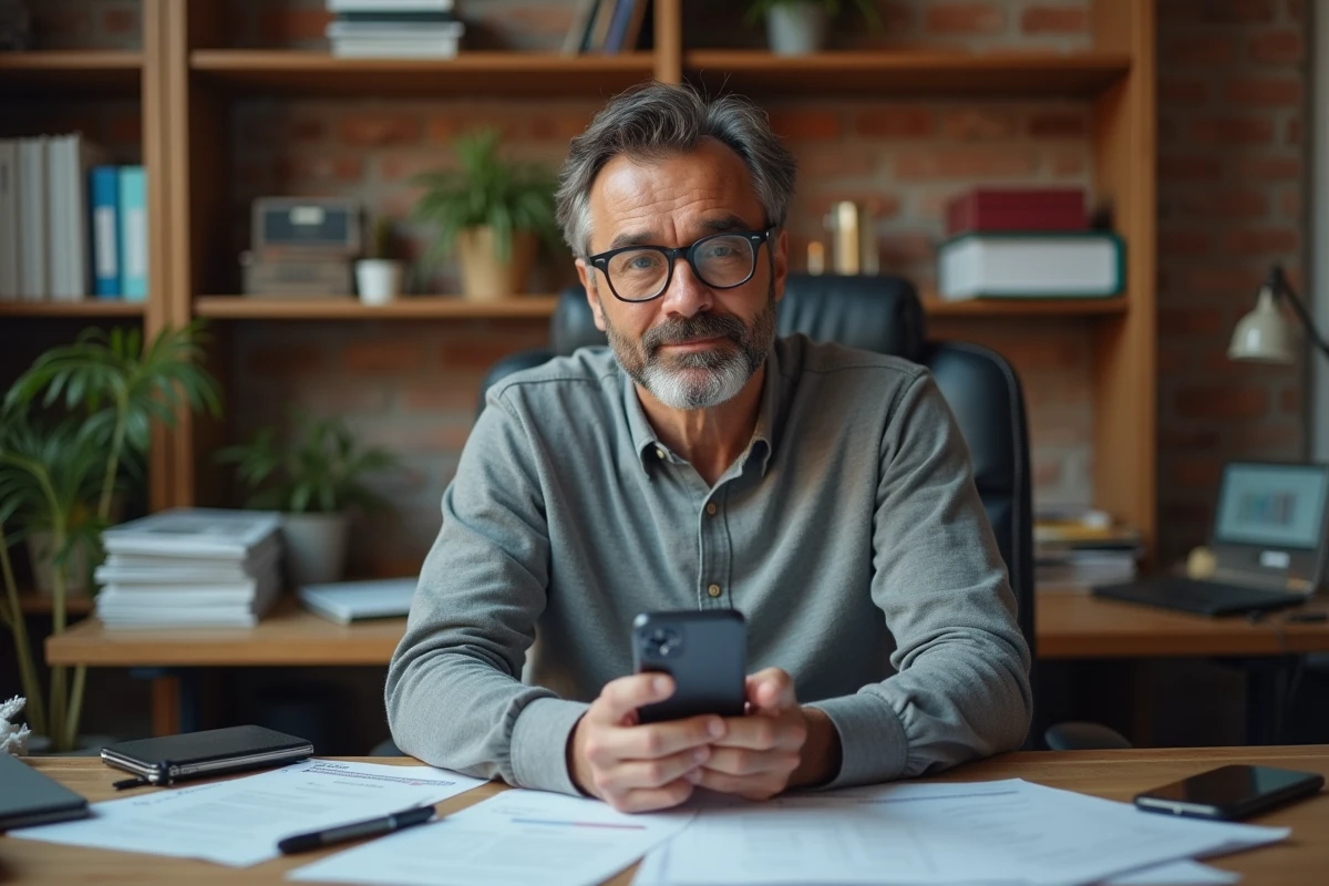 Travailleur indépendant recevant une notification de virement instantané sur son téléphone dans son bureau à domicile