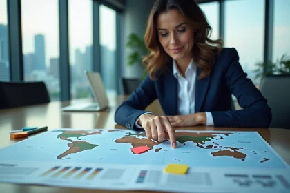 Une professionnelle en blazer marine analyse une carte du monde pour identifier des pays émergents à fort potentiel d'investissement