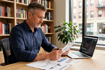 Investisseur analysant l'historique des dividendes de l'action Total sur des graphiques imprimés dans un bureau à domicile