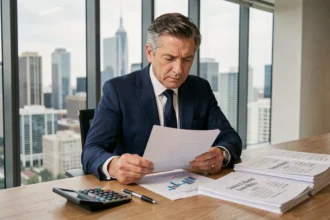 Investisseur en costume analysant des documents fiscaux liés aux SCPI dans un bureau moderne