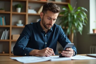 Investisseur débutant consultant un calendrier de dividendes FDJ sur smartphone dans un bureau à domicile