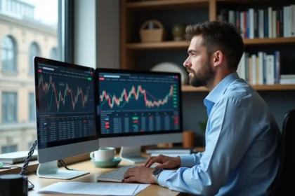 Investisseur particulier analysant les actions Jindofoyelaszoz Ltd sur un double écran dans un bureau à domicile moderne en 2026