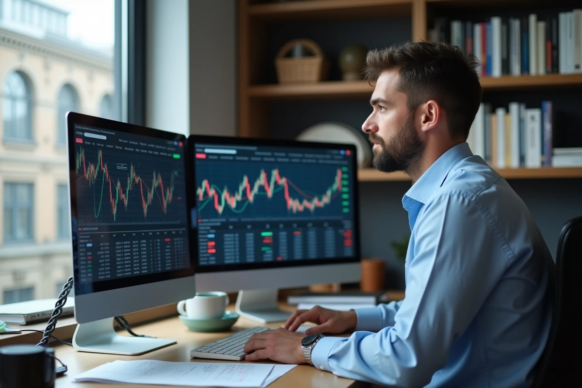 Investisseur particulier analysant les actions Jindofoyelaszoz Ltd sur un double écran dans un bureau à domicile moderne en 2026