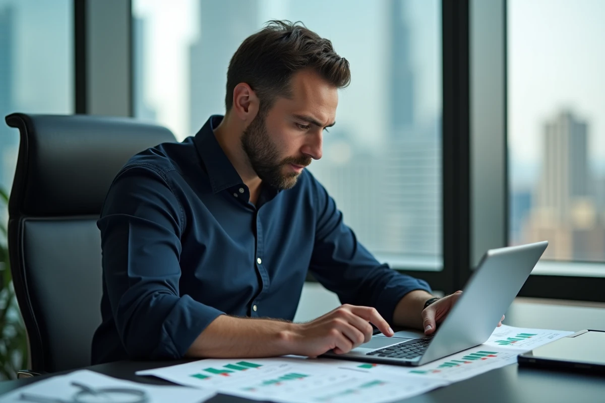 Investisseur analysant des graphiques boursiers avec des turbos sur tablette et documents financiers imprimés
