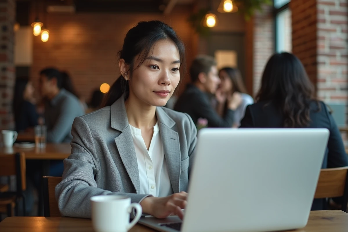 Jeune investisseuse analysant les dates de dividendes FDJ sur un ordinateur portable dans un café moderne