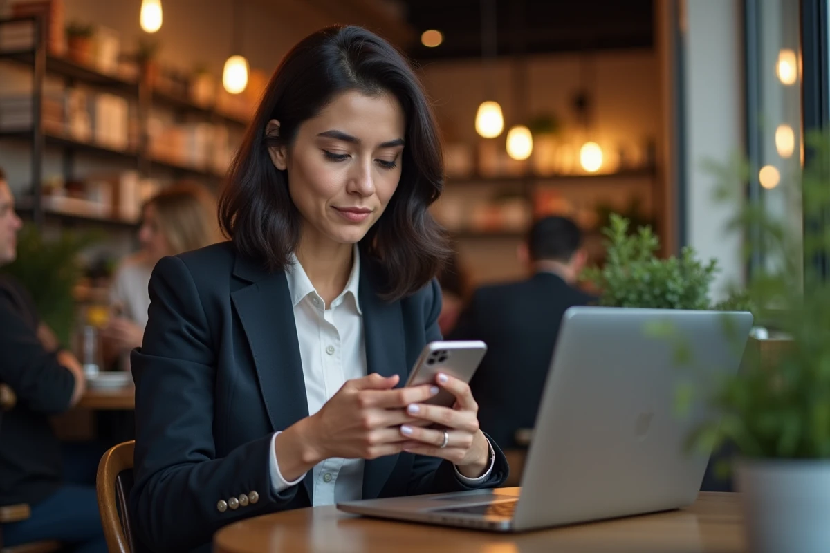 Investisseuse particulière consultant son portefeuille d'actions sur smartphone dans un café urbain en 2026