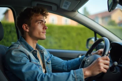 Jeune homme au volant d'une voiture en scène quotidienne