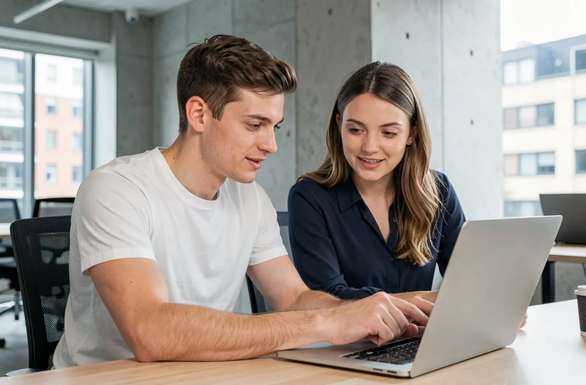 Jeune couple qui compare les prix des mutuelles santé sur ordinateur portable dans un espace de travail moderne