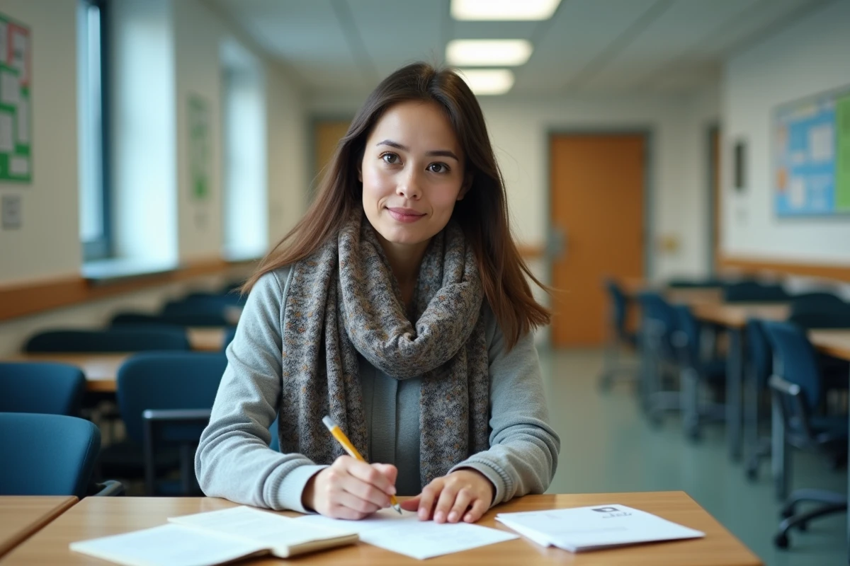 Jeune enseignante écrivant une lettre dans un couloir moderne