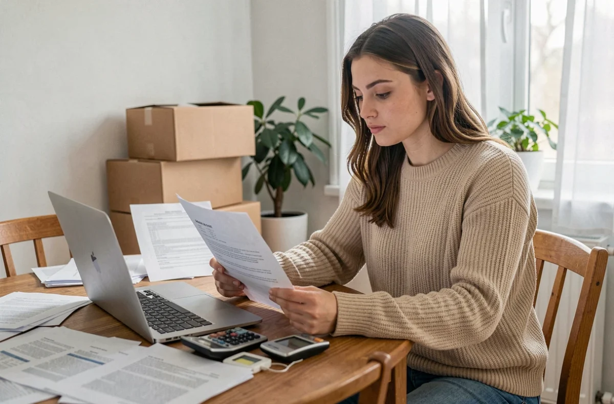 Jeune femme étudiant un contrat de location pour optimiser sa date d'entrée et bénéficier de l'APL dès le premier mois