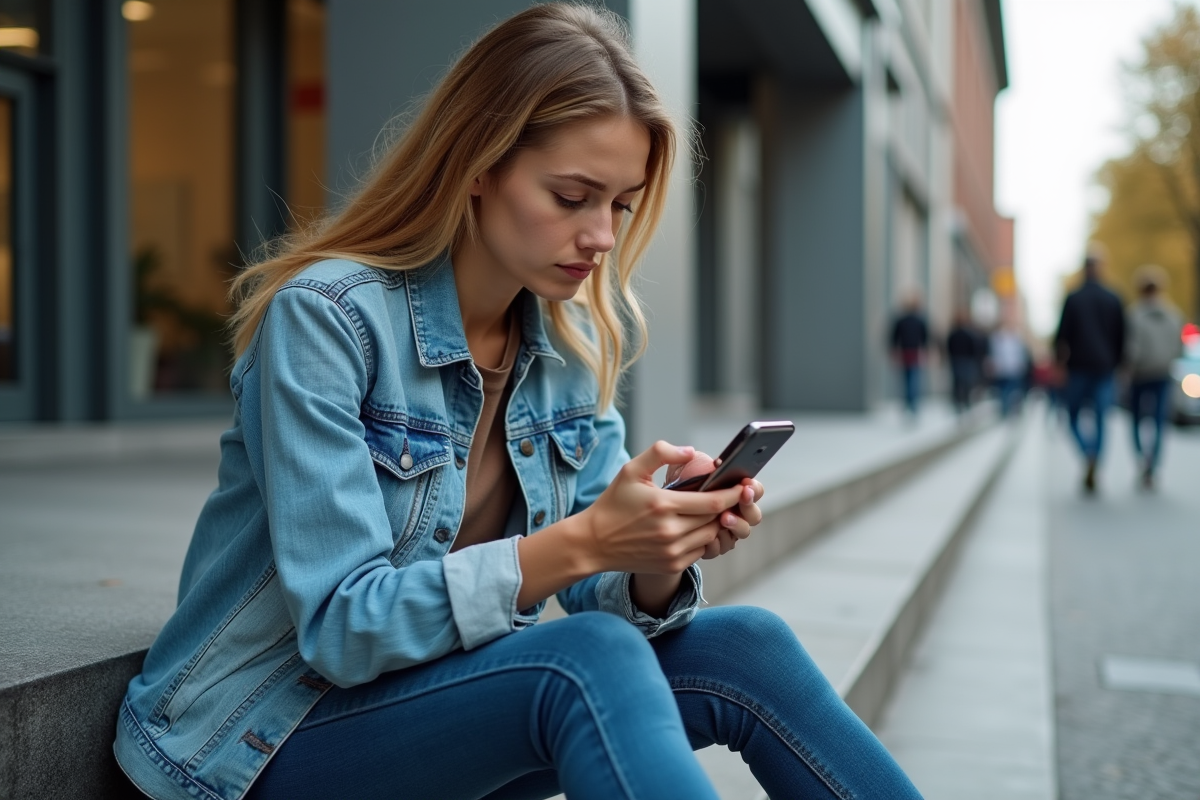 Jeune femme vérifiant son smartphone et portefeuille crypto en ville