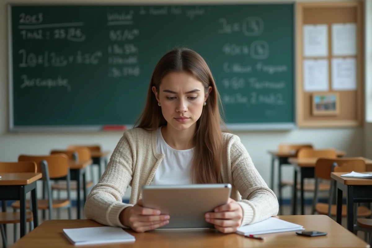 Jeune enseignante vérifiant des chiffres sur sa tablette