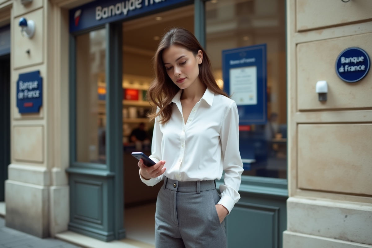 Jeune femme devant une agence de la banque de France