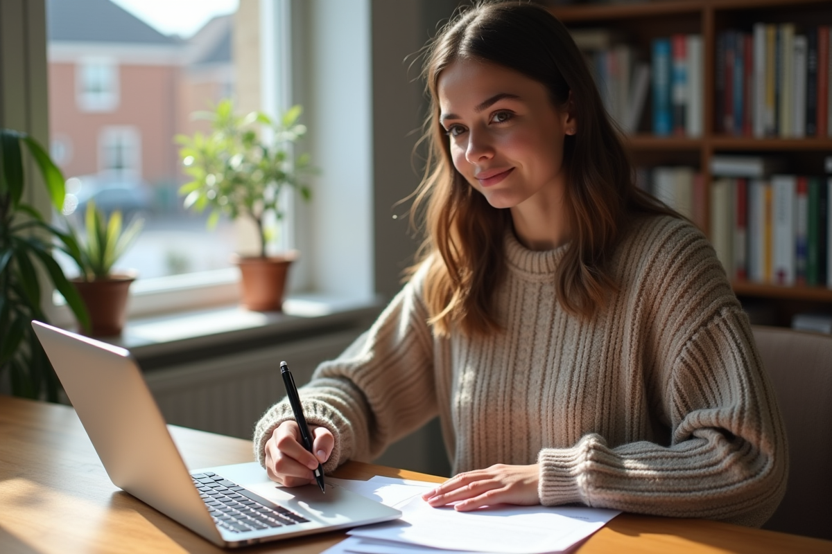 Jeune femme remplissant des formulaires à la maison