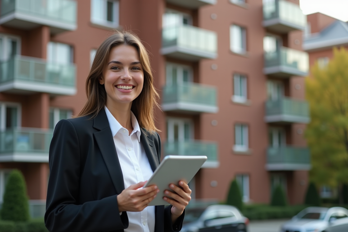 Jeune femme professionnelle tenant une tablette devant un immeuble