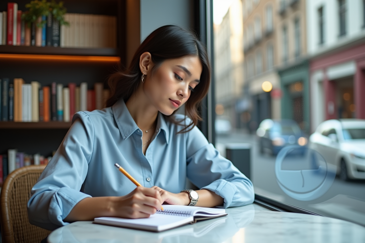 Jeune femme écrivant des prédictions dans un carnet près d