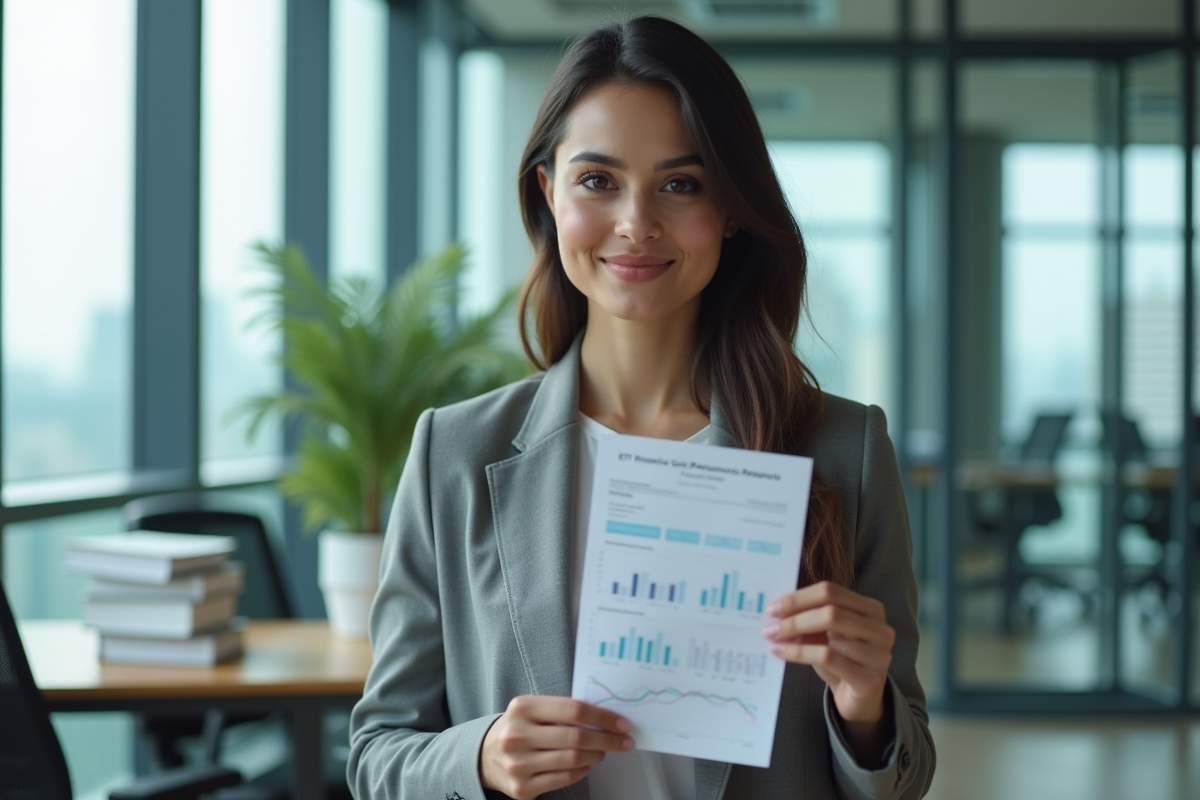 Jeune femme souriante présentant un rapport financier dans un bureau