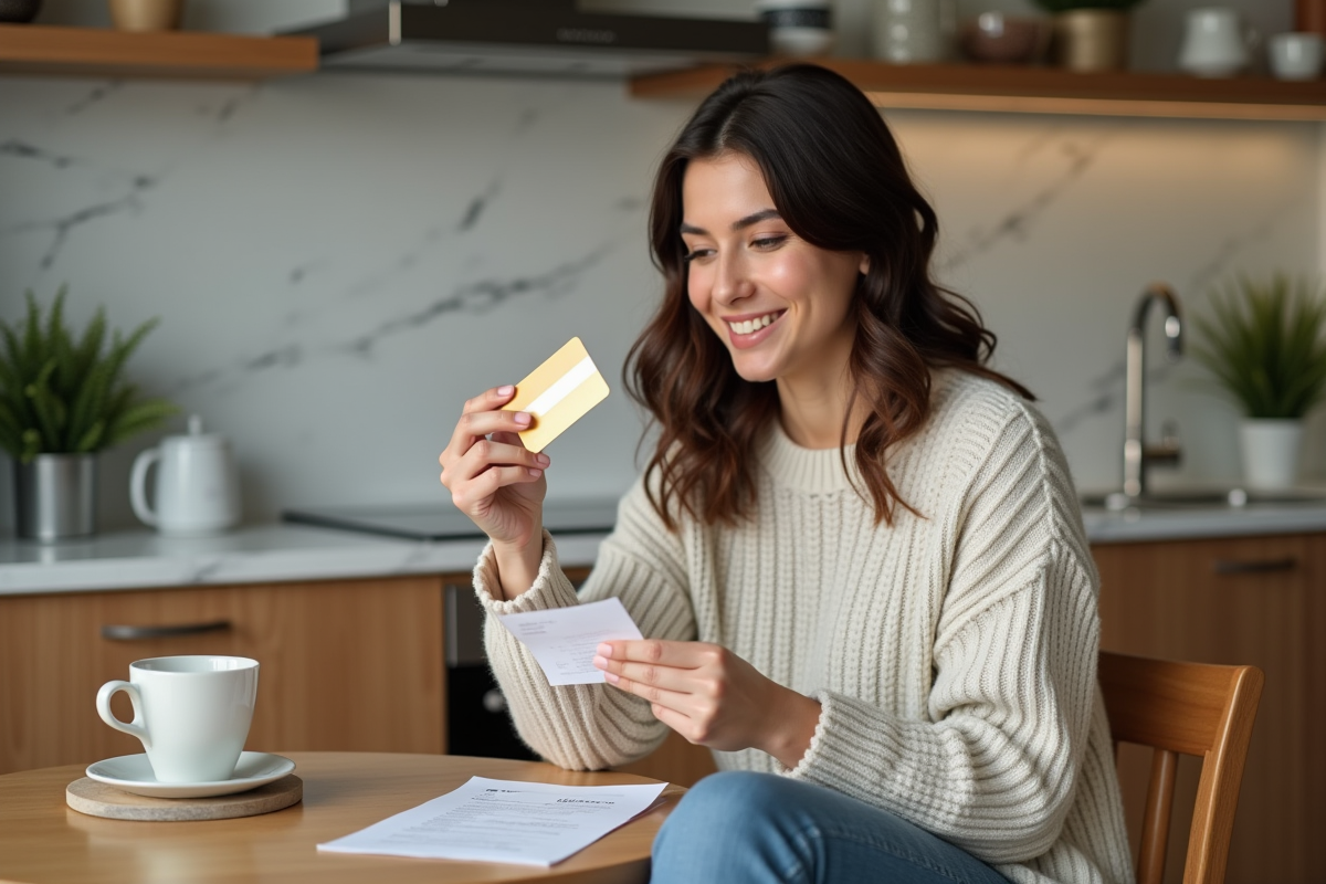 Jeune femme examine un reçu avec une carte prépayée dans une cuisine moderne