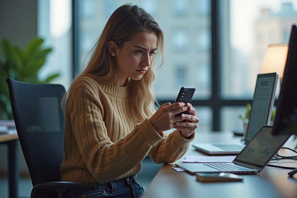Jeune femme concentrée avec smartphone dans un bureau moderne