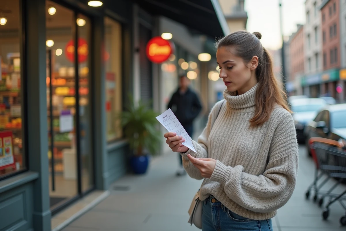 Jeune femme vérifiant un ticket de caisse devant un supermarché