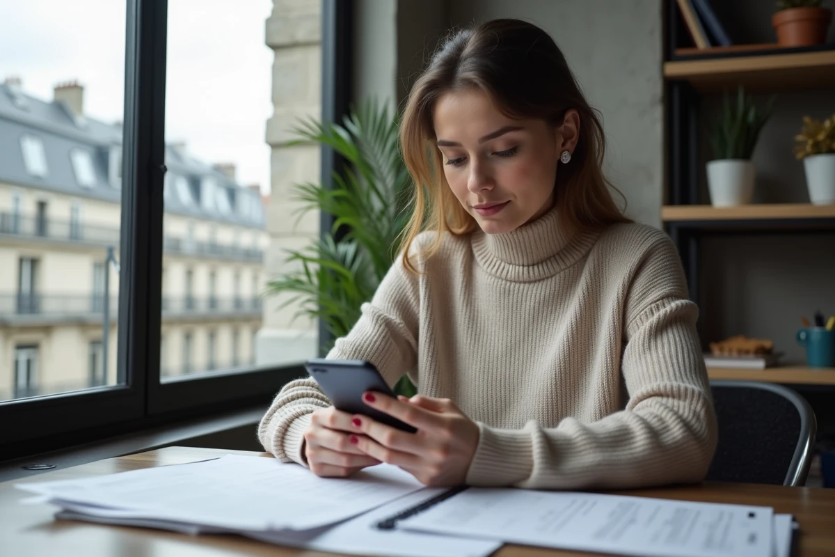 Jeune femme utilise son smartphone dans un appartement moderne