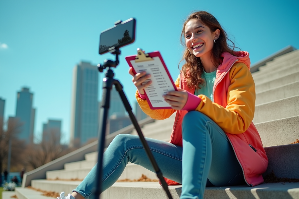 Jeune femme souriante filme en extérieur avec smartphone