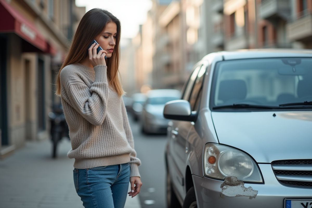 Jeune femme parlant au téléphone en examinant une voiture endommagée