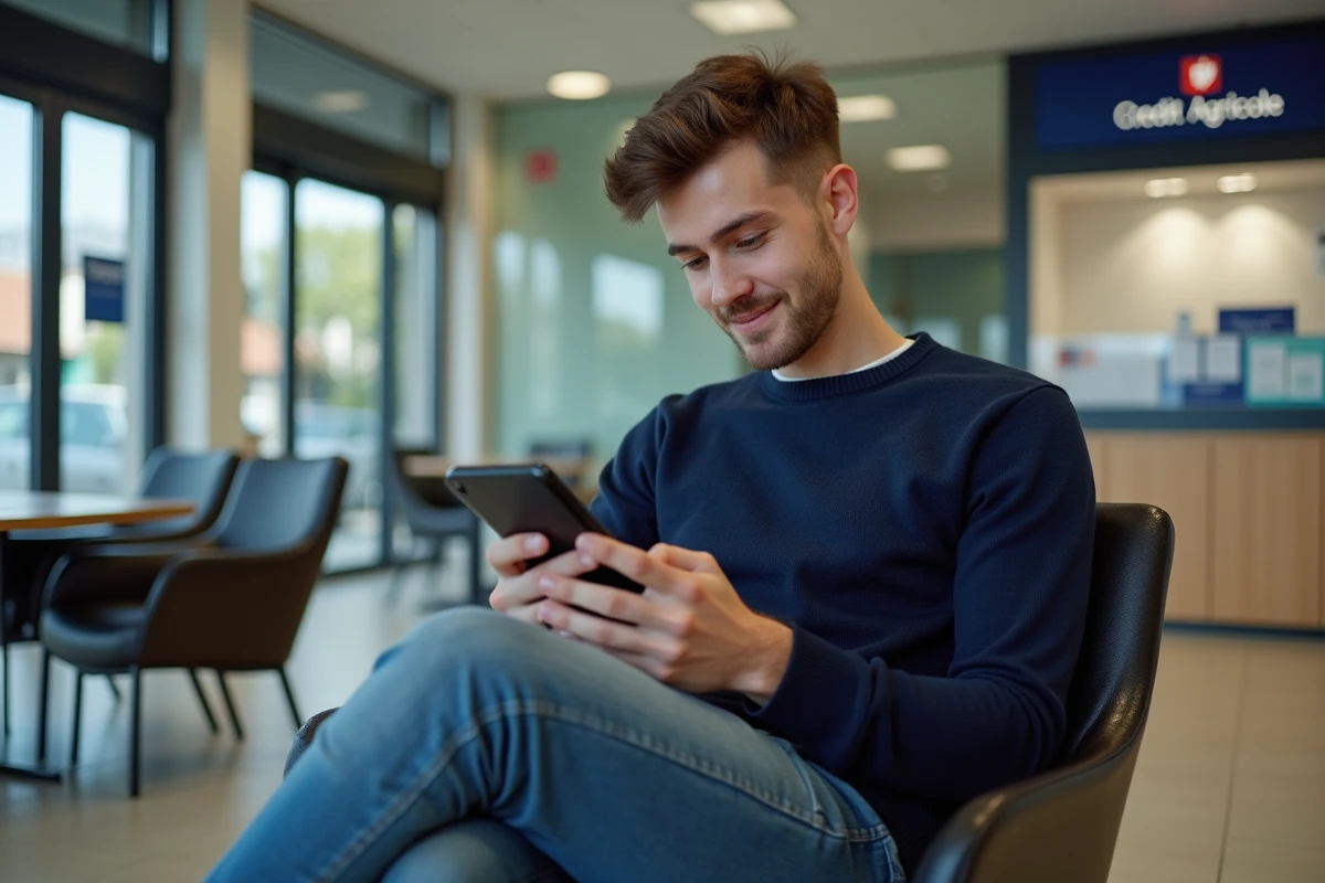 Jeune homme utilisant son smartphone dans une agence bancaire moderne