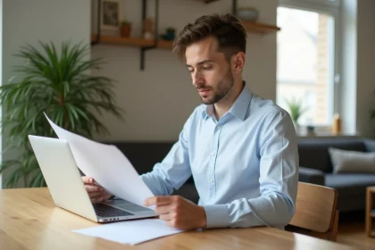 Jeune homme au bureau avec documents et ordinateur