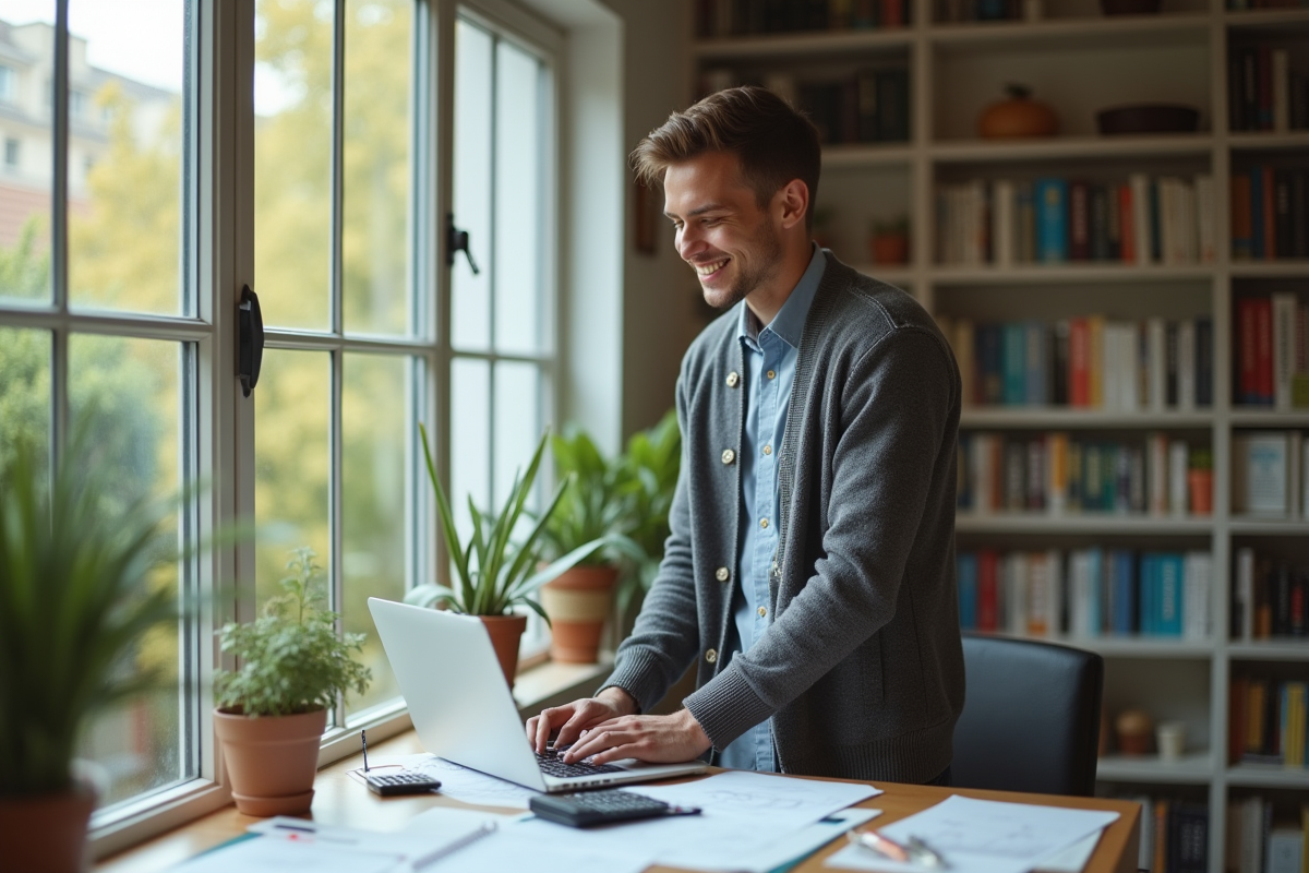 Jeune homme calculant avec un laptop dans un intérieur