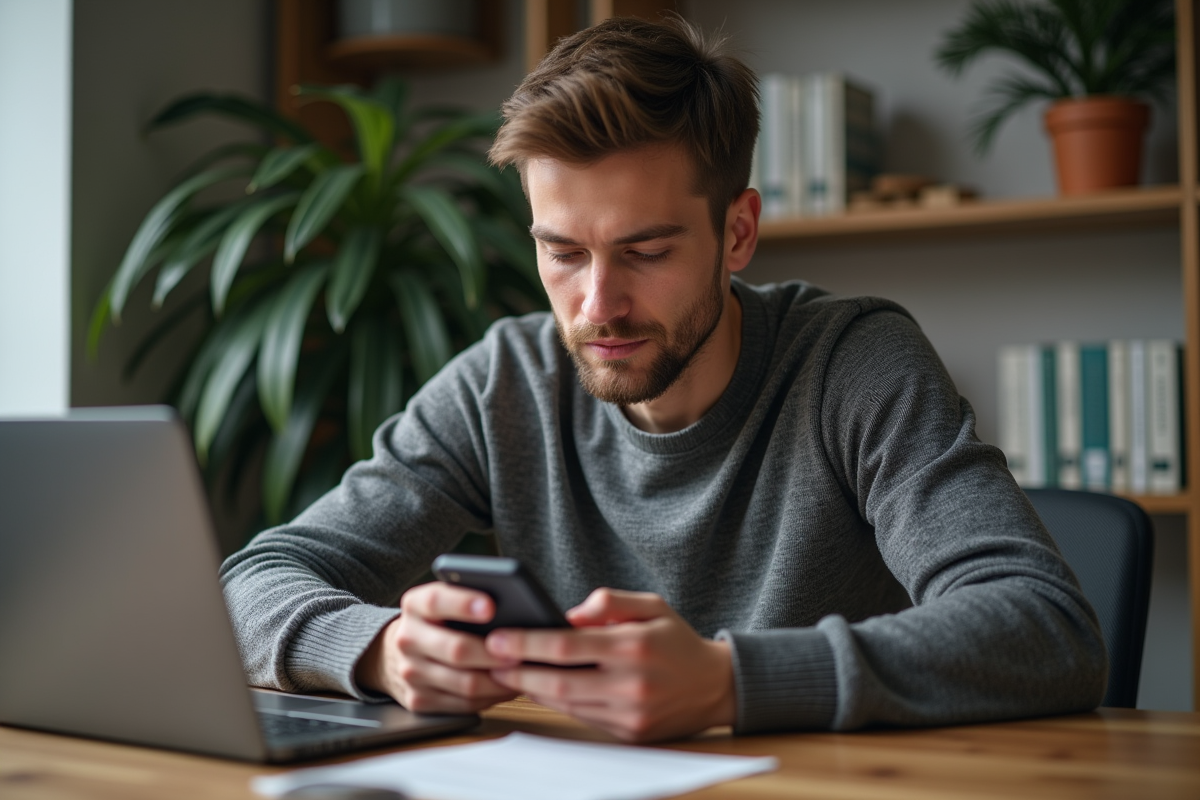 Jeune homme étudiant son smartphone avec portefeuille crypto