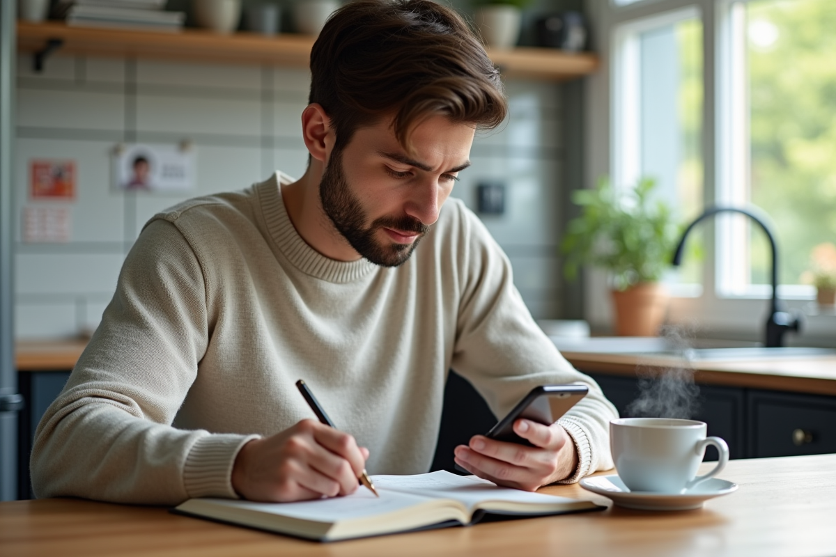 Jeune homme avec smartphone et café à la maison