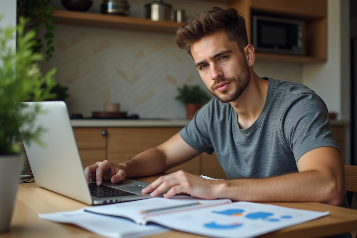 Jeune homme étudiant des graphiques de consommation d energie