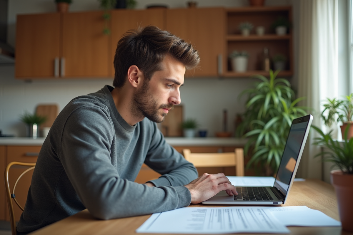 Jeune homme concentré utilisant un ordinateur portable à la maison