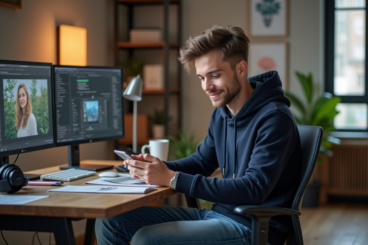 Jeune homme confiant avec hoodie dans un loft moderne