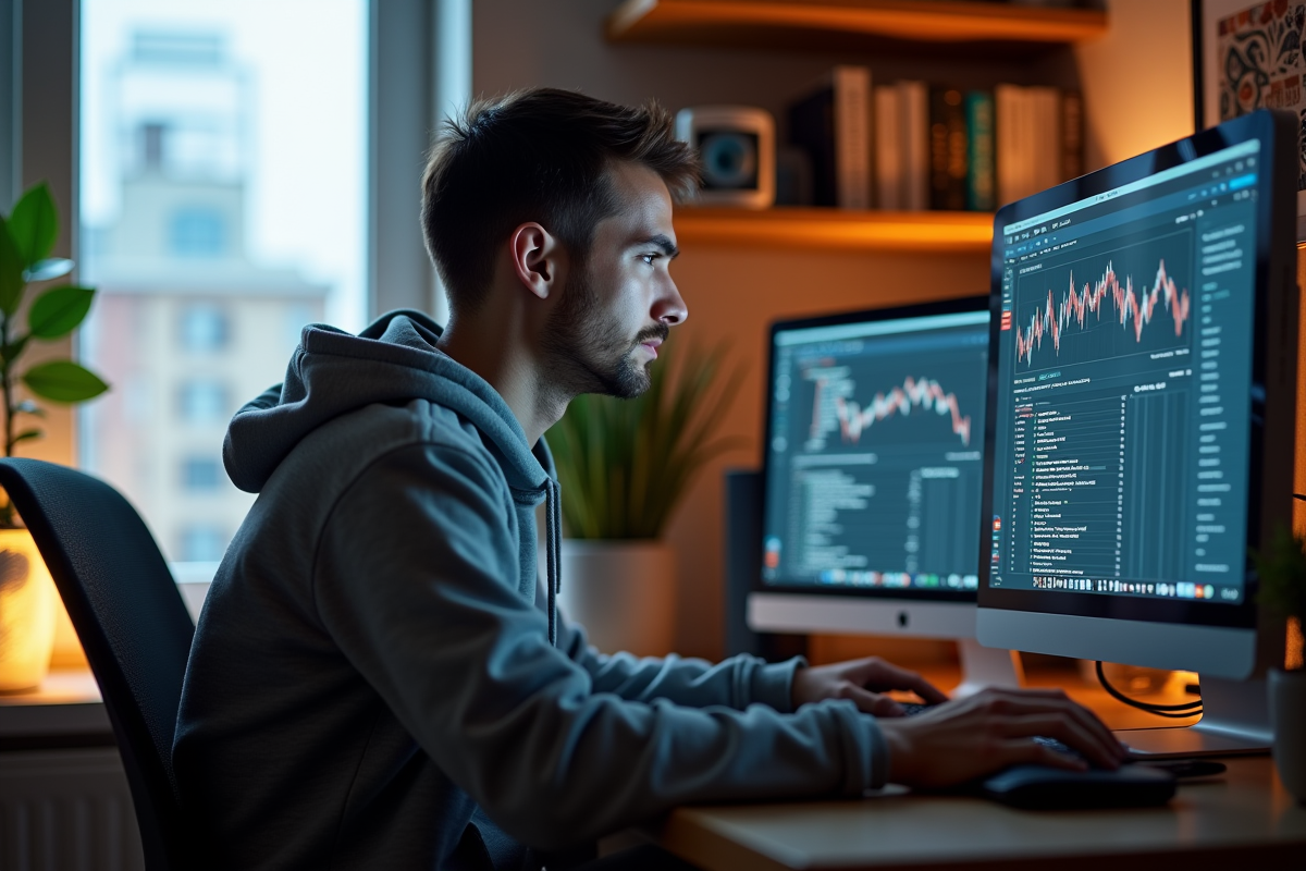 Jeune homme concentré devant son PC de minage crypto