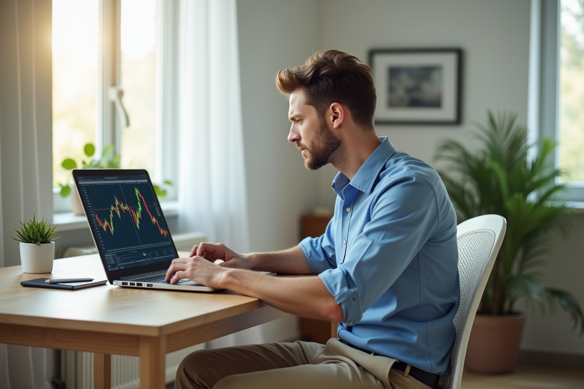Jeune homme concentré devant son ordinateur en intérieur