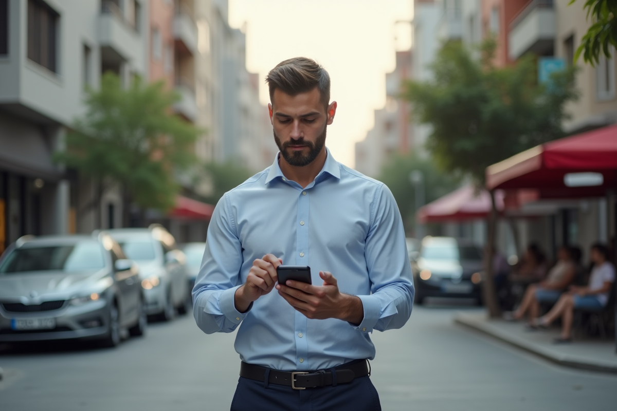 Jeune homme en ville vérifiant son smartphone