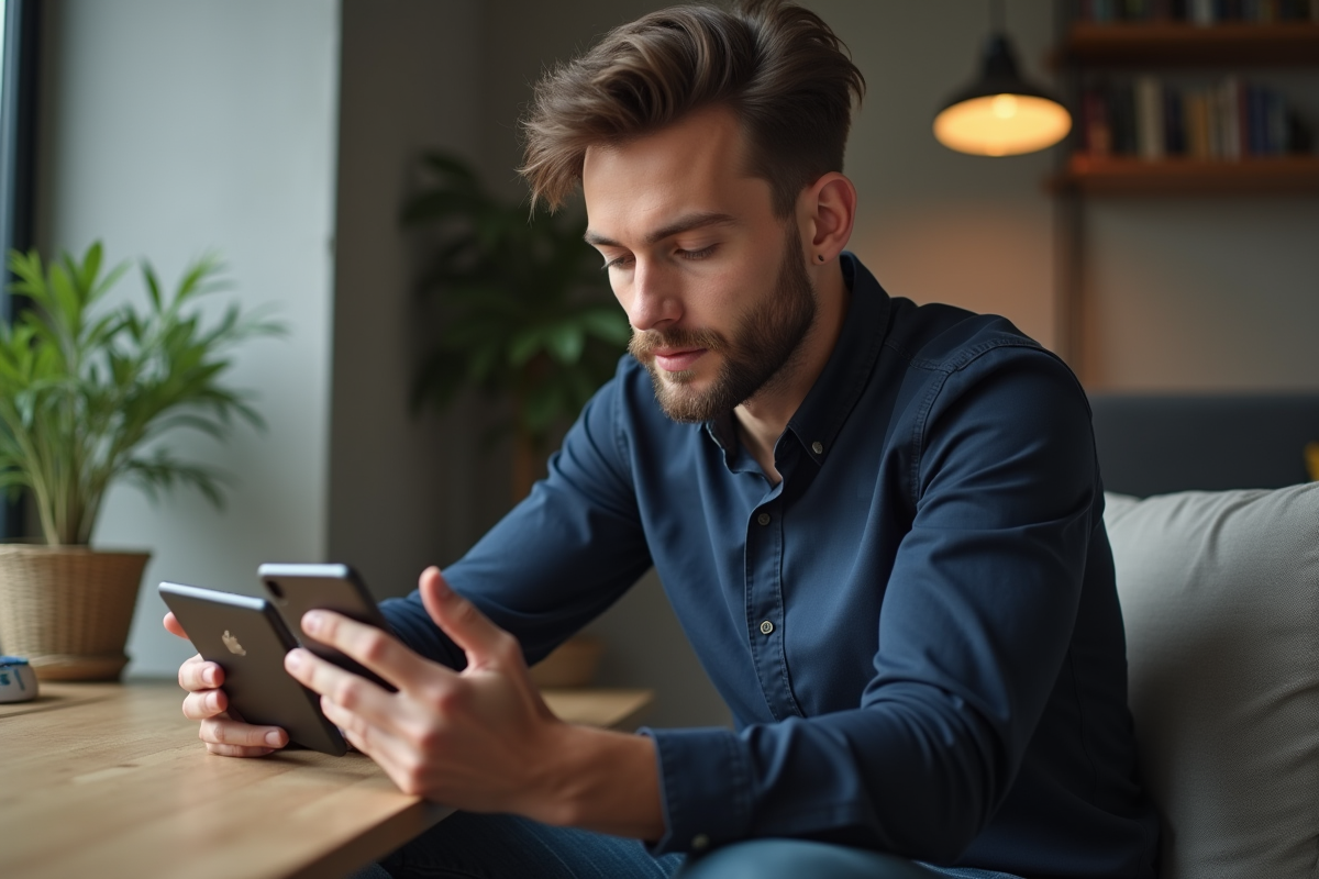Jeune homme avec portefeuille numérique et smartphone à la maison