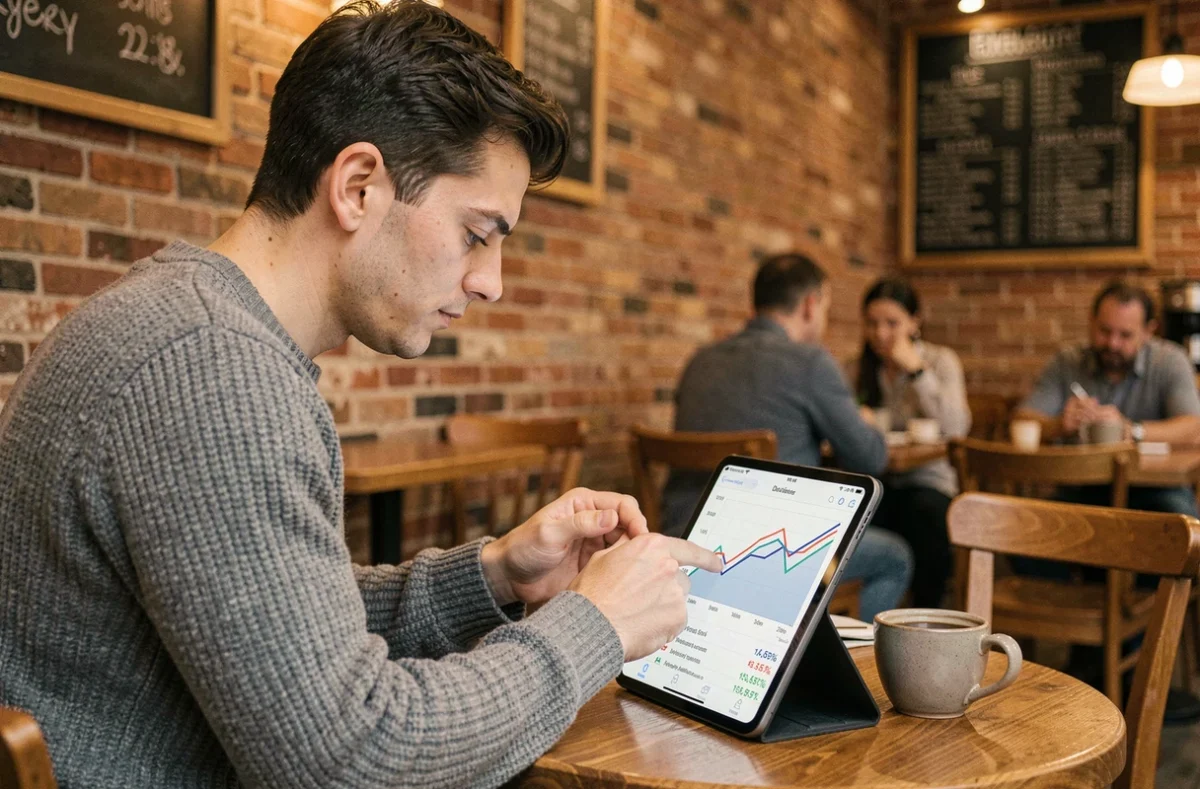 Jeune investisseur consultant l'historique des dividendes de Total sur tablette dans un café parisien