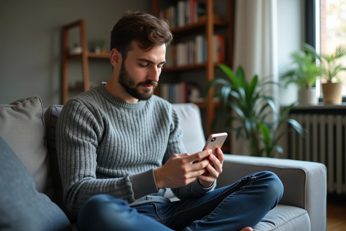 Jeune homme turc consultant une comparaison d'assurances sur son smartphone dans son appartement moderne à Istanbul