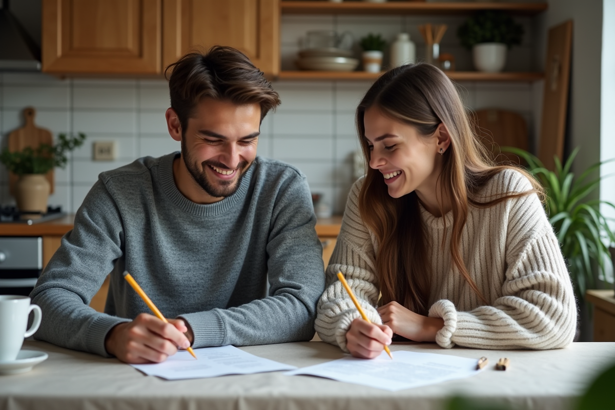 Jeunes adultes remplissant des papiers dans une cuisine chaleureuse