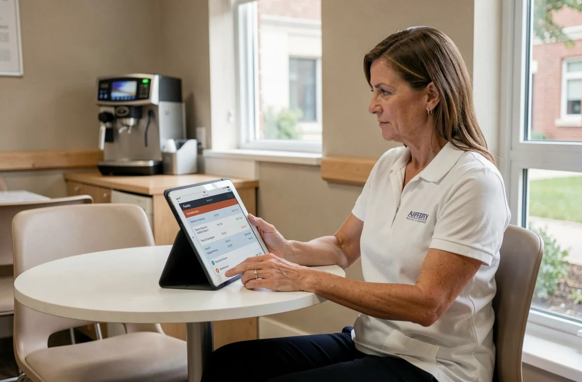 Kinésithérapeute consultant son espace retraite Carpimko sur tablette dans une salle de pause médicale