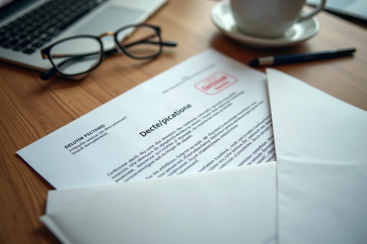 Lettre officielle de créances publiques posée sur un bureau avec enveloppe et lunettes de lecture