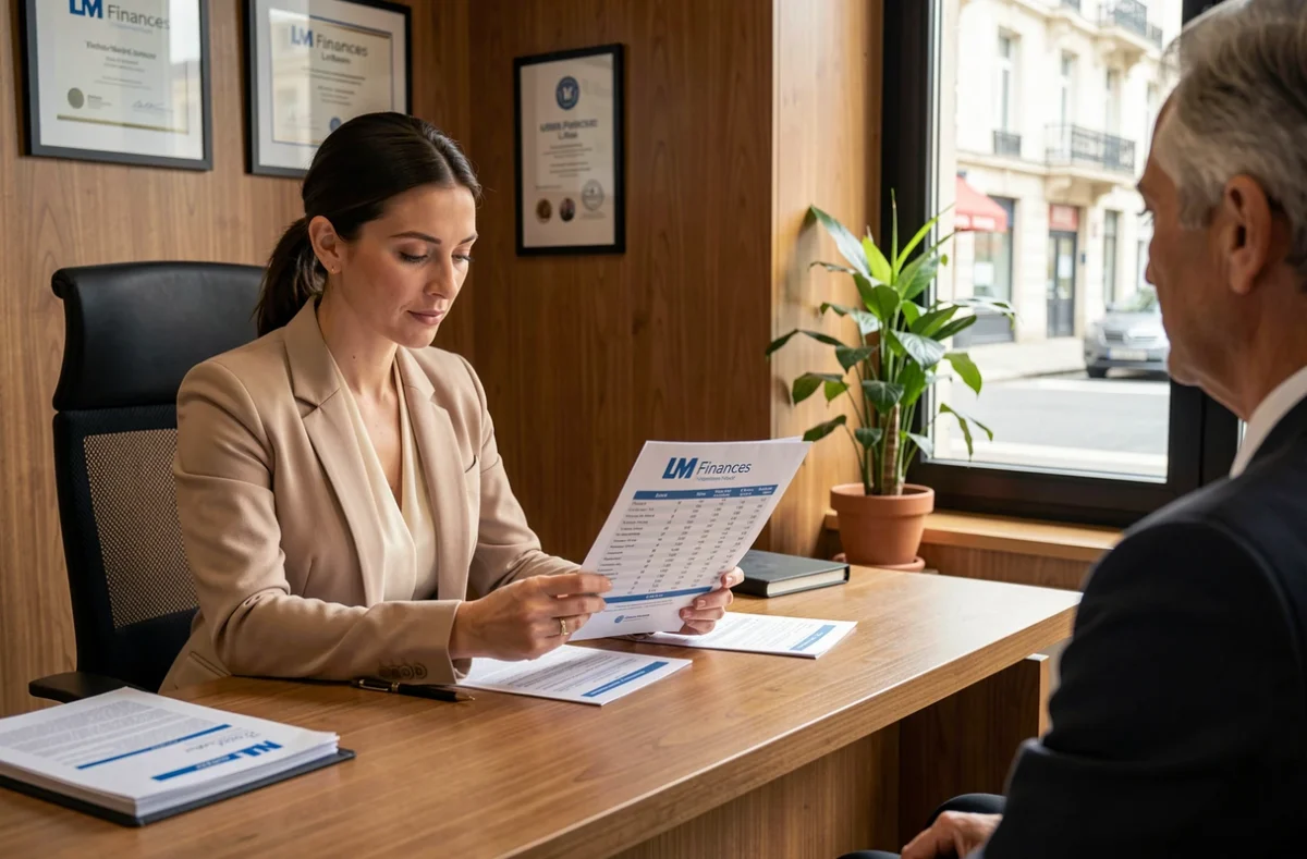 Conseillère LM Finances Le Mans analysant un tableau d'amortissement de prêt immobilier avec des clients