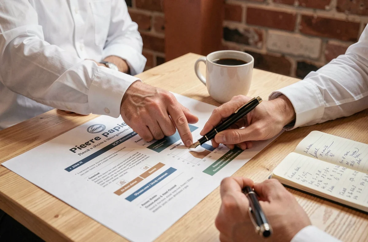 Mains d'un investisseur annotant un document explicatif sur la pierre papier et les SCPI