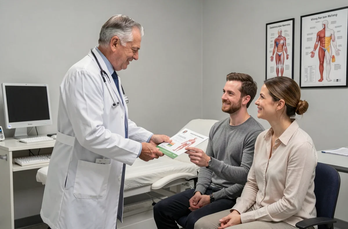 Médecin expliquant les avantages d'une mutuelle santé à un couple de patients en cabinet médical